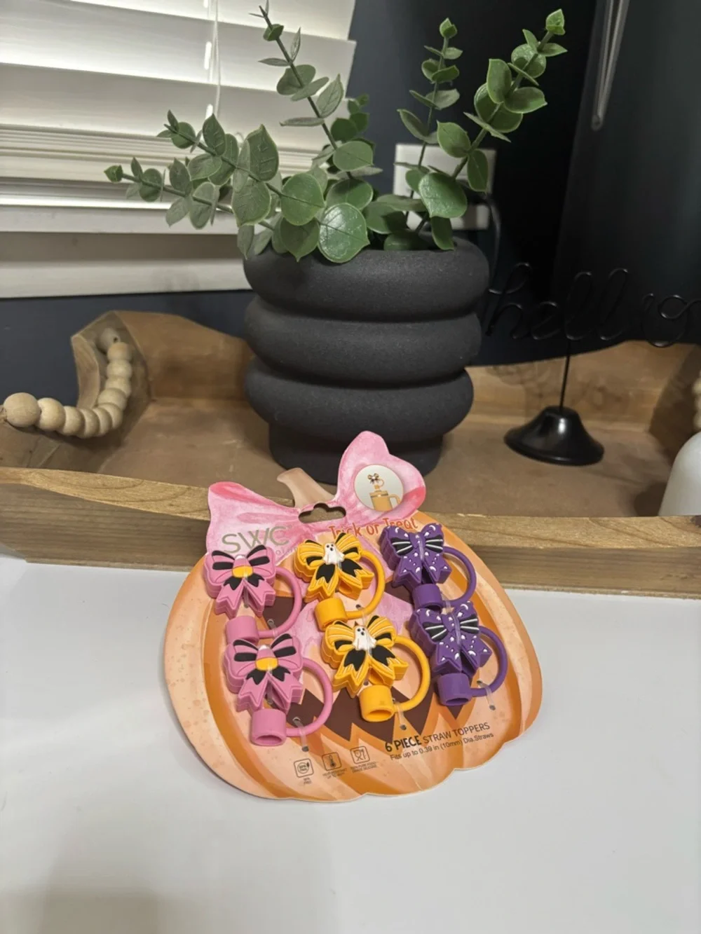 Halloween Bow Straw Toppers - Pink, Yellow, Purple 6pcs